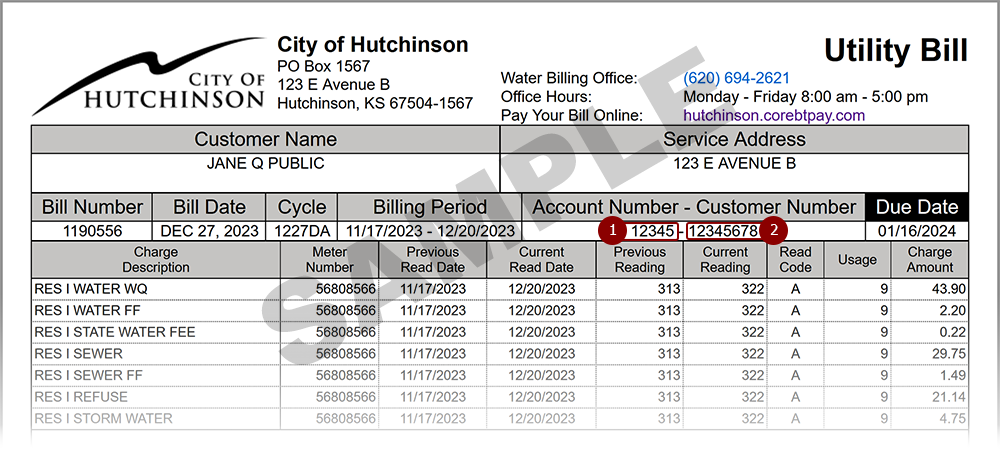 Sample Hutchinson Co Utility bill with the customer number and account number highlighted